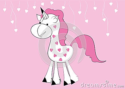 Cute unicorn in hearts with pink hair. Unicorn cartoon with white hearts on threads. Vector Illustration